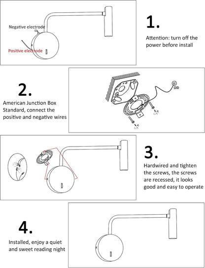 ZEROUNO Wall Mounted Reading Light for Bedroom LED Hardwired Sconce with Switch on/Off Modern 3000K Swing Arm Bedside Wall Mount Lamp (Black)
