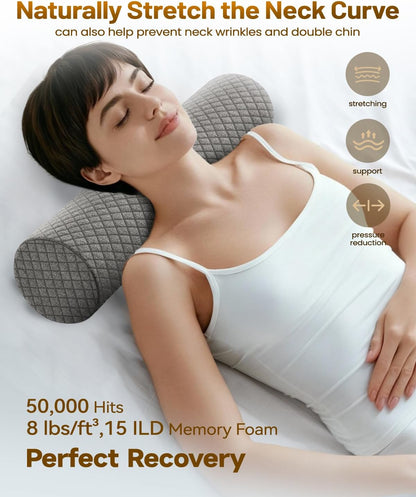 Memory Foam 4" Round Pillow, Cervical Neck Pillow for Pain Relief, Cylinder Pillows 18"x 4", Removable Cover, Neck Roll Pillow for Sleeping, Velvet Dots, Grey