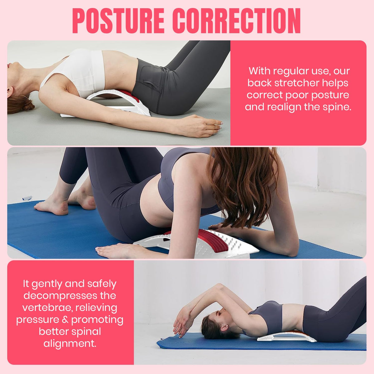 Pursonic Premium Back Stretcher for Pain Relief and Posture Correction - Adjustable Design with Cushioned Foam Padding – Personalized Spinal Alignment for Office Chair, Sofa, or Floor Use - Durable (WHITE)