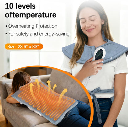 Electric Heated Shawl with Remote Control - 10 Heat Levels, 45/90/120 Minute Timer, 120W Warmth, 60X84CM Grey Flannel, Neck and Back Heating Pads, Detachable Cord, Washable