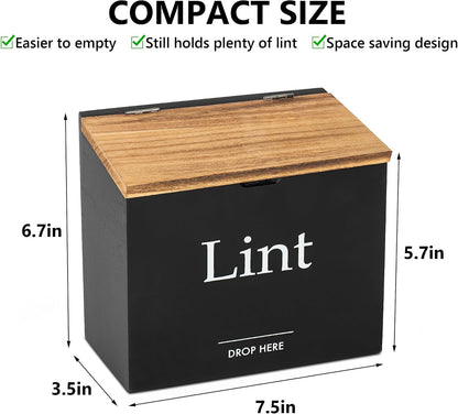 Magnetic Lint Bin for Laundry Room, Compact Size | Wooden Dryer Lint Bin with Lid - Rustic Lint Box, Magnetic Bin - Modern Farmhouse Laundry Room Decor, Black with Torched Lid