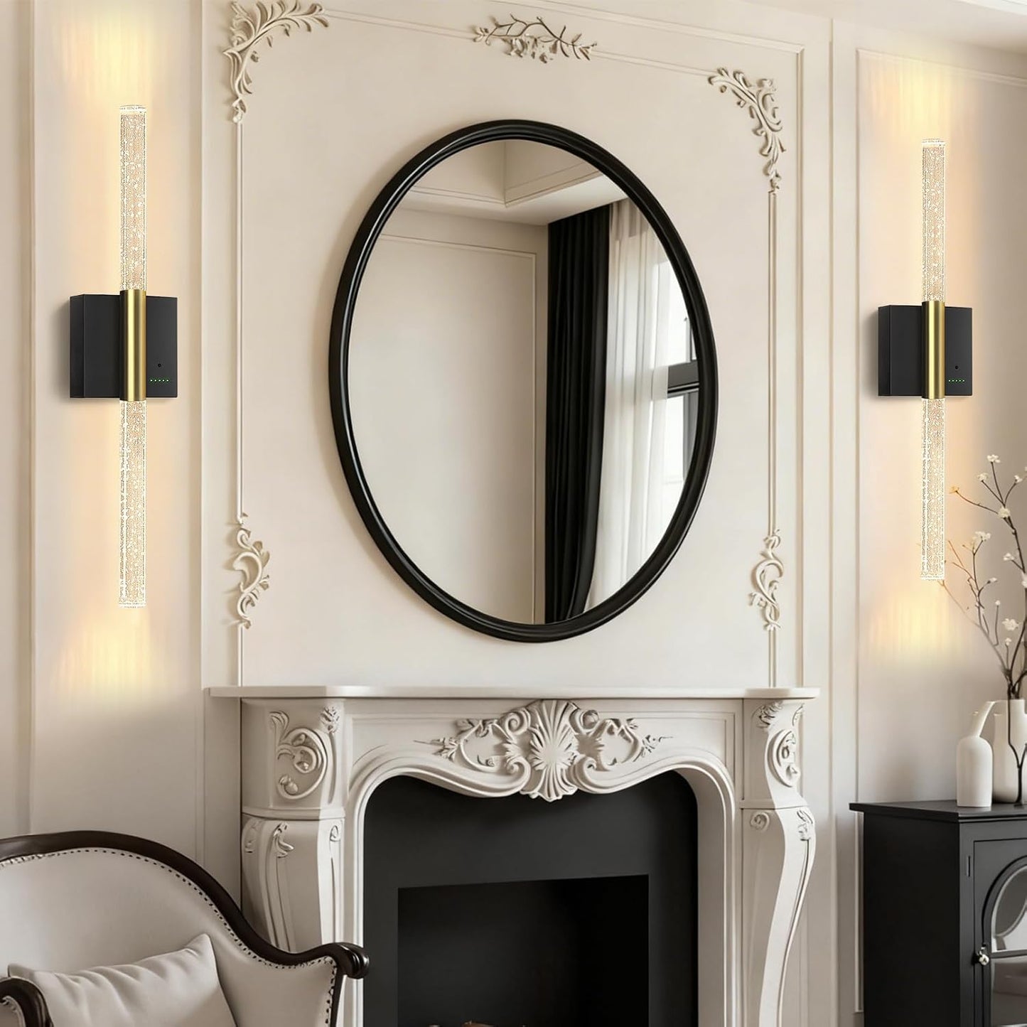 Battery Operated Sconces Set of 2, 28in Rechargeable Wireless Wall Lights | 8000mAh Dimmable Modern LED Wall Lamp Fixtures with Timer Function for Living Room Bedroom Bathroom Hallway, Black