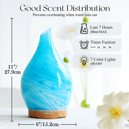 Porseme Essential Oil Diffuser 280ml Handmade Glass Diffuser 7H Runtime | Elegant Handmade Glass Aroma Diffuser with 7-color LEDs, Quiet Aromatherapy and Safe Auto Shut-off, Perfect for Gifts