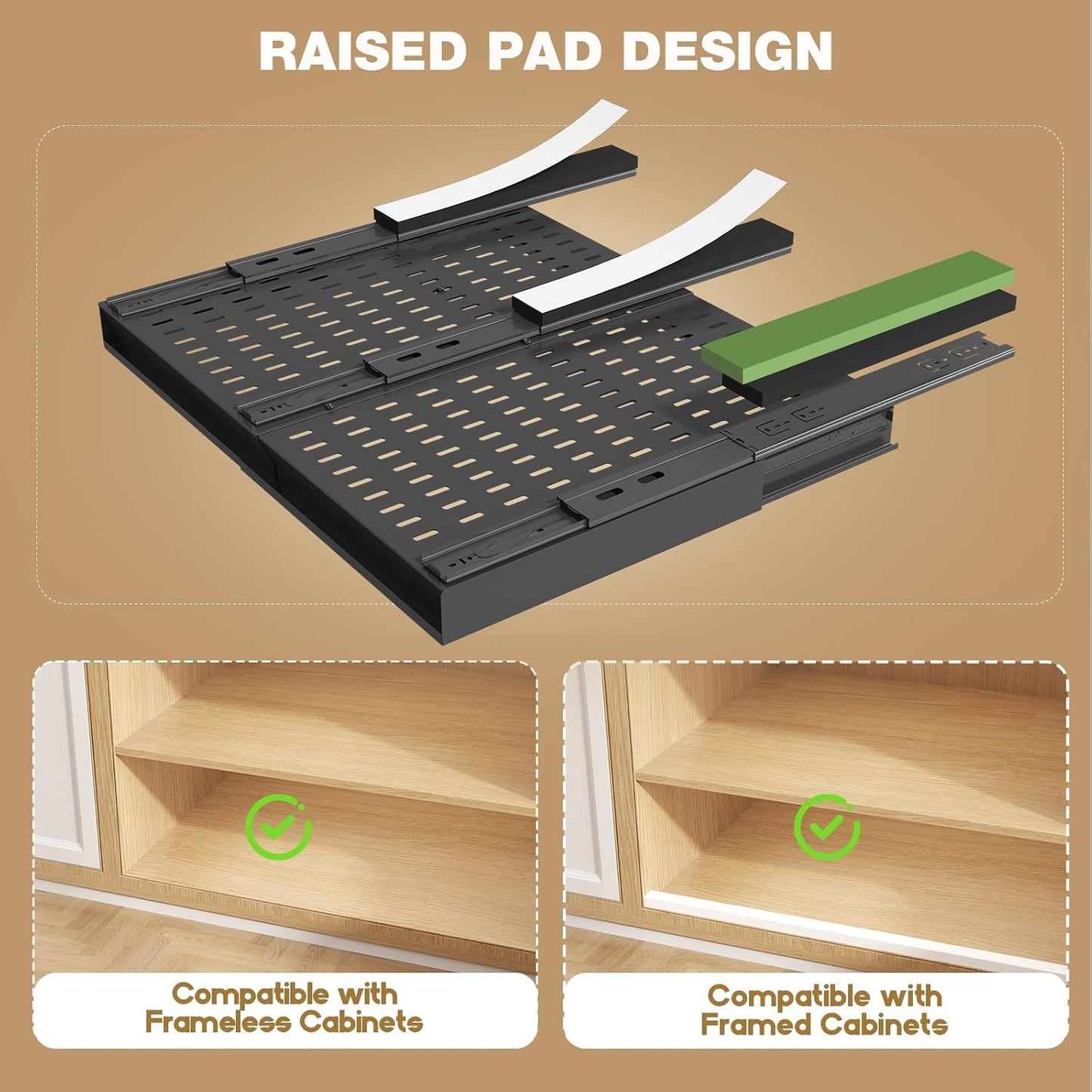 Seinloes Pull Out Cabinet Organizer, 4-Side Expandable to Fit Most Cabinets, 3 Rail Slide Out Drawers with Raising Pad for Framed & Frameless Cabinets, 13"-21" W x 17"-24" D, White, 2 Pack