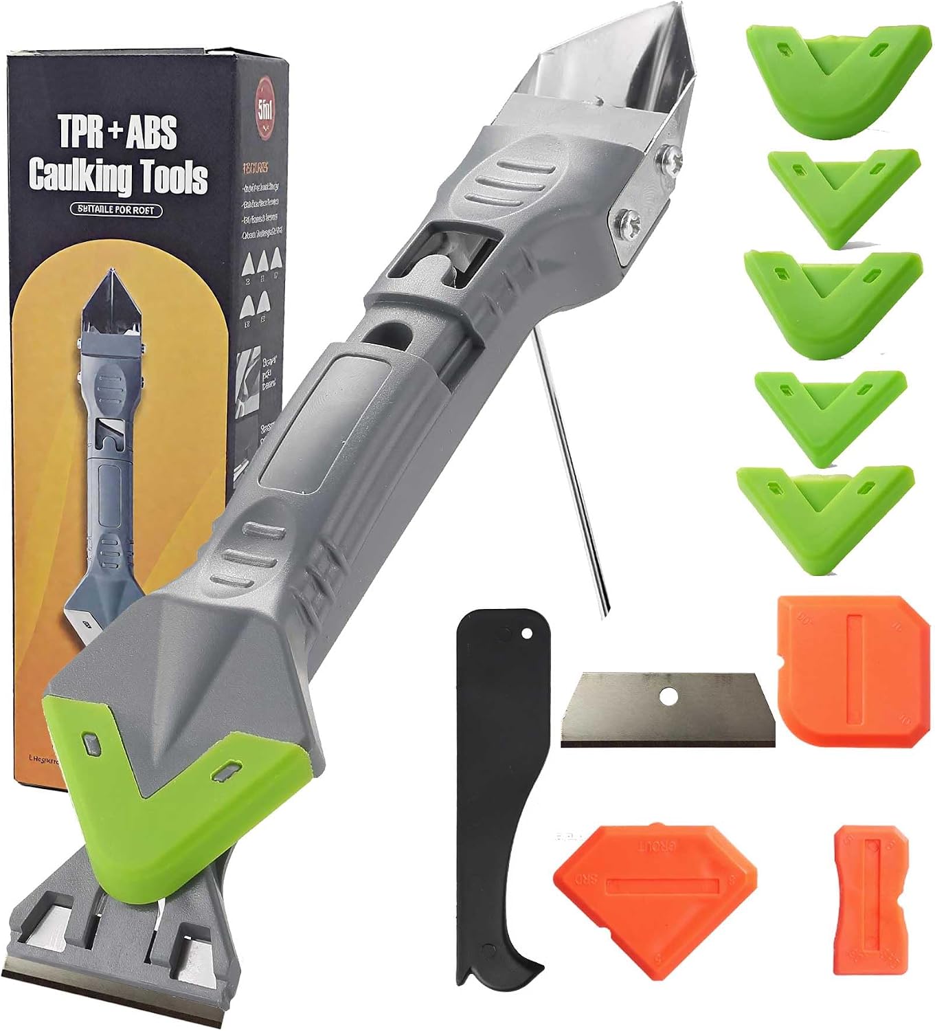 Caulking Tool 5 in 1, Caulk Remover & Sealant Finishing Tool, 10-Piece Kit | 5 Silicone Pads + 2 Stainless Steel Blades + 4 Angle Scrapers | Seam Repair for Kitchen, Bathroom, Tile & Window Joints