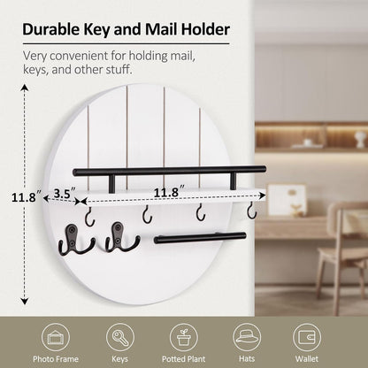Nekon Key Holder Wall Mount, 11.8” Wood Mail Organizer for Wall, Brown | Round Wall Shelf with 6 Key Hooks, Rustic Key and Mail Holder, Key Hanger for Entryway Hallway Kitchen