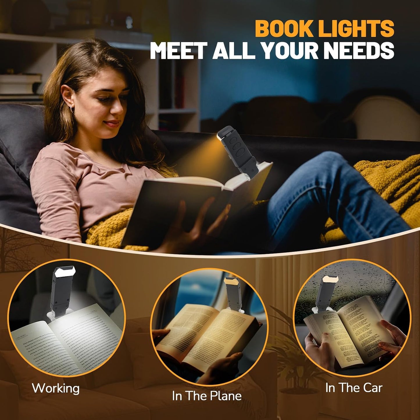 Book Reading Light Rechargeable Clip on Book Lamp with 3 Color Temperatures | 5-Level Dimmable Brightness, 3 Color Temperatures, 360° Rotatable USB Eye Caring