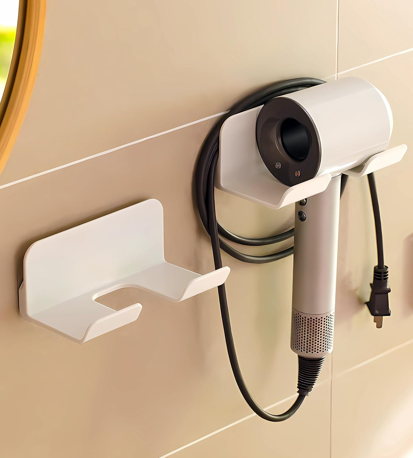 Universal Hair Dryer Holder, Self Adhesive Wall Mount, White | Universal storage rack fits most brand blow dryers, ideal for bathroom organization