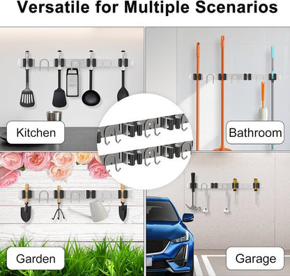 Mop Broom Holder Wall Mount, Gold Stainless Steel Tool Storage Organizer for Kitchen Garden Garage Laundry Room Bathroom and RV with 4 Slots 6 Hooks