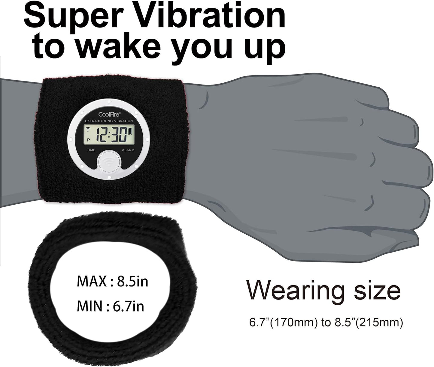 Coolfire - Vibrating Alarm Clock Sweatband, Silent Wake Yourself Up Wristband Vibrating Alarm Watch for Couples, Students, Easy to Set on User-Friendly App, Hearing Impaired, USB Chargeable