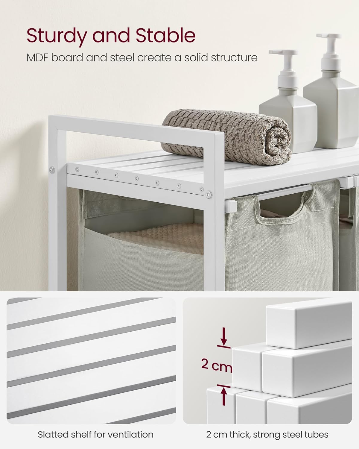 VASAGLE Laundry Hamper, Laundry Basket Sorter with 3 Pull-Out and Removable Bags, Shelf, Metal Frame, 3 x 10.6 Gallons (40 L), 36.4 x 13 x 28.4 Inches, Cappuccino Beige and Natural Beige UBLH301LH01