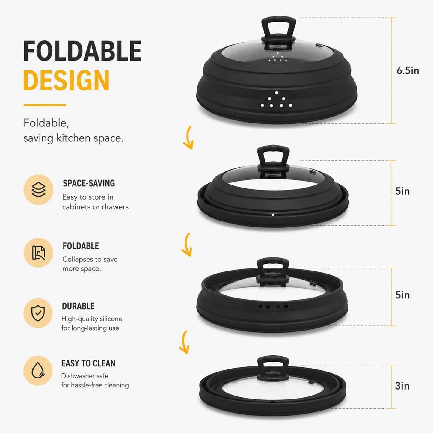 Collapsible Microwave Splatter Cover, Vented Glass Silicone Lid with Heat resistant Handle, Fit Plates Bowls Pots, Safe for Microwave Convection Oven Steamer Dishwasher（grey 11.8in）