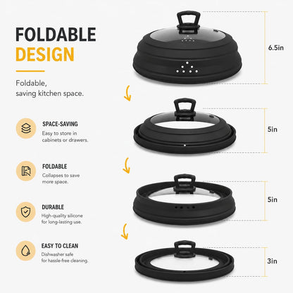Collapsible Microwave Splatter Cover, Vented Glass Silicone Lid with Heat resistant Handle, Fit Plates Bowls Pots, Safe for Microwave Convection Oven Steamer Dishwasher（grey 11.8in）