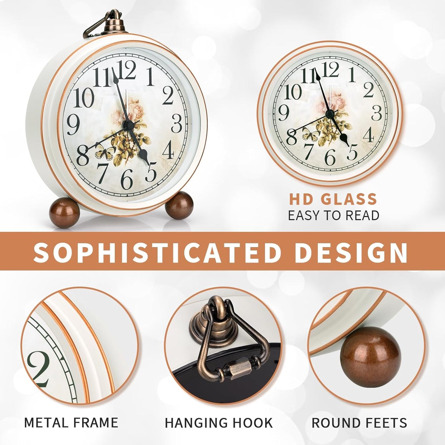 Maxspace 5.2in Analog Clock, Retro Silent Desk Clock Non-Ticking & Battery Operated with Quartz Movement,Clock Decor for Bedroom Living Room