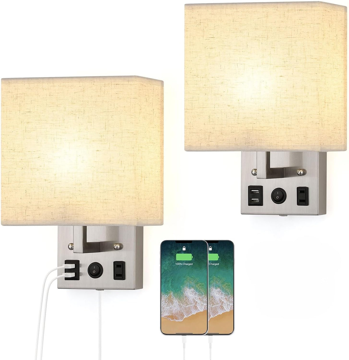 Vrisa Wall Sconces Wall Lamps for Bedrooms Set of 2 Plug in Bedside Lights Wall Mounted with USB Ports Outlet Wall Light Fixtures for Bedroom Living Room Black (2 Bulbs Included)
