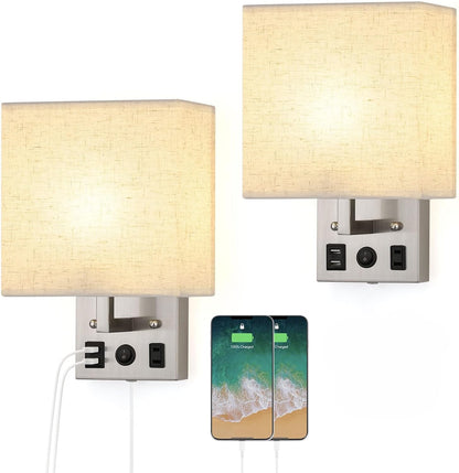 Vrisa Wall Sconces Wall Lamps for Bedrooms Set of 2 Plug in Bedside Lights Wall Mounted with USB Ports Outlet Wall Light Fixtures for Bedroom Living Room Black (2 Bulbs Included)