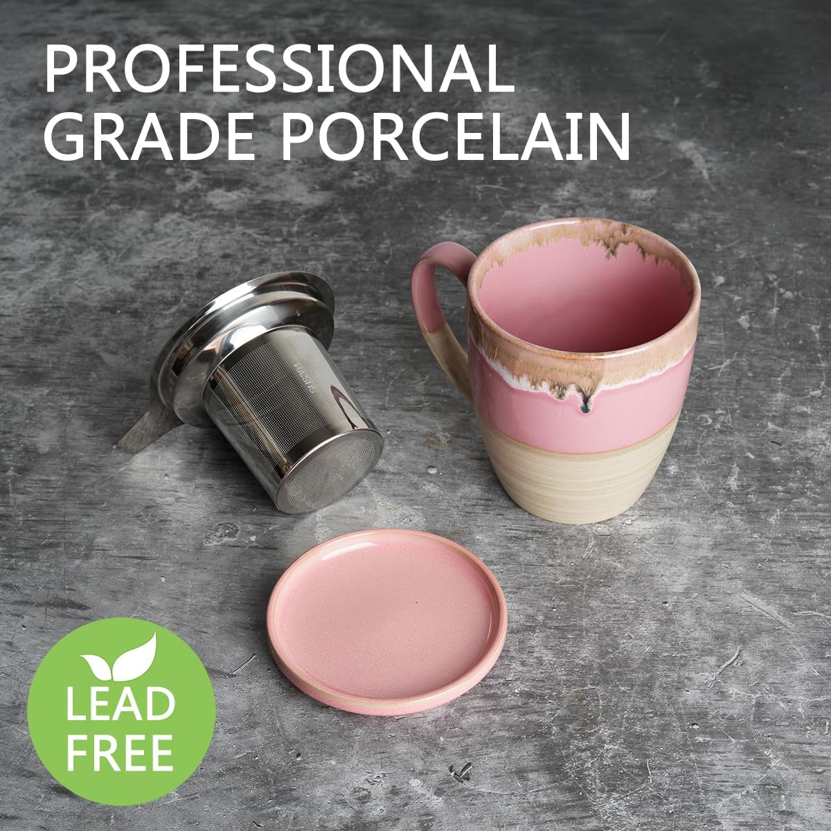 Bosmarlin Ceramic Tea Cup with Infuser and Lid, 16 Oz, Dishwasher and Microwave Safe, 5 Colors to Choose, Reactive Glaze, Steeping Tea Mug with Strainer (Green)