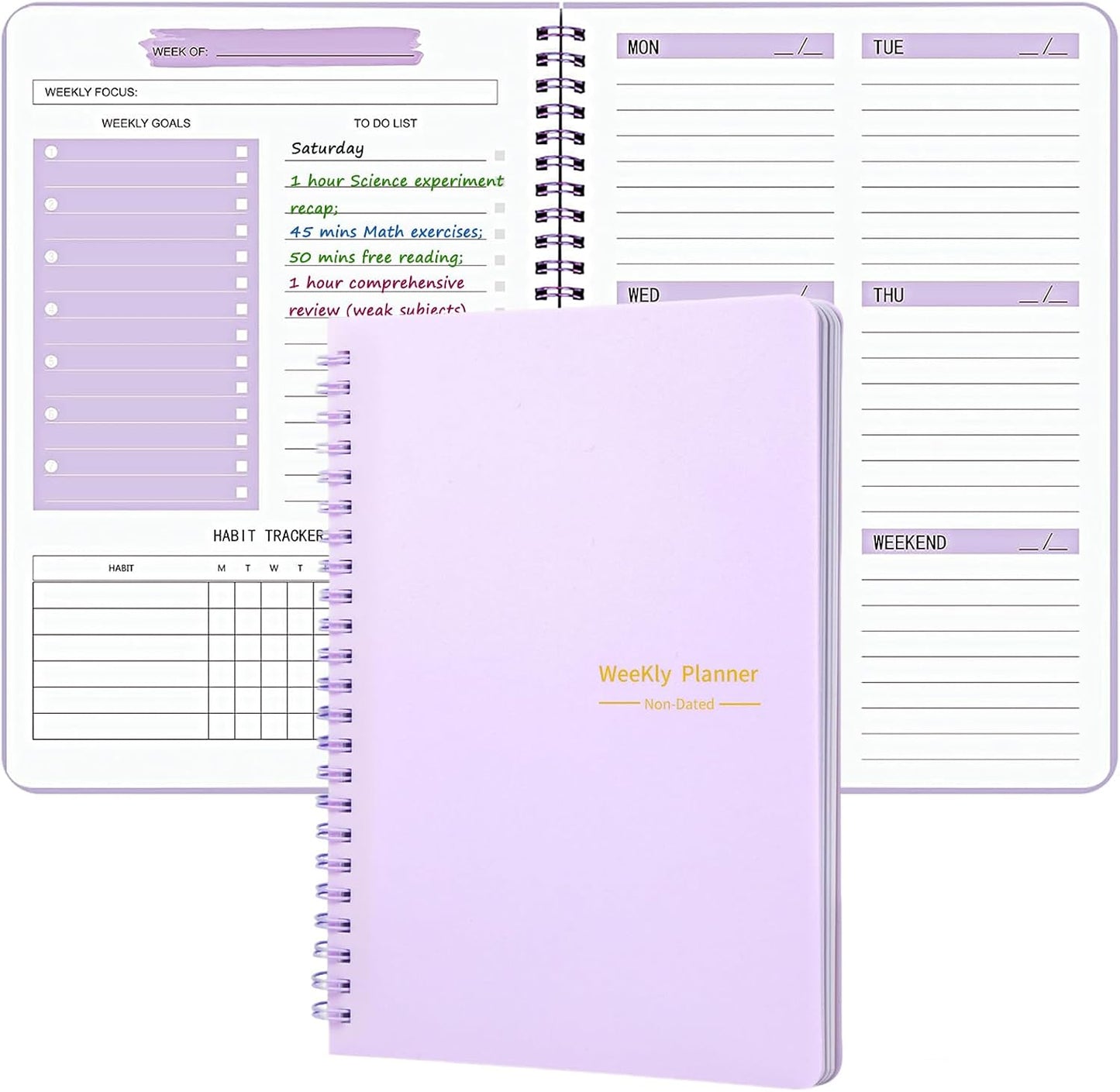 Undated Weekly Planner, A5 Personal Goals Journal Non Dated Weekly Planner to Do List Notebook with Goal Habit Tracker Organizer, Cute Undated Week Planners with Spiral Binding for Kids School Work