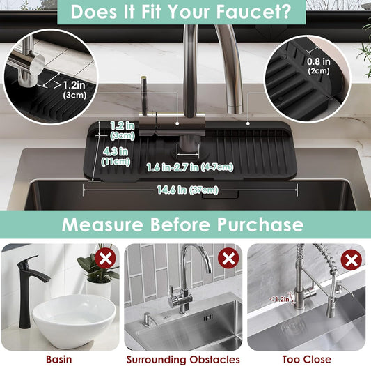 24-Inch Silicone Faucet Mat for Kitchen Sink Splash Guard, 7° Slope | 24"x5.5" water draining mat with fasten button; 1.6-2.75" customizable hole for bathroom, RV & kitchen sink drip catcher.
