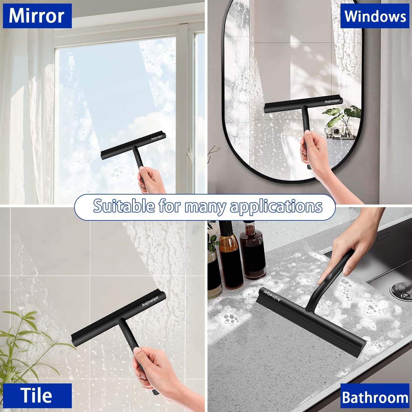 Shower Squeegee for Glass Doors, 10 Inch Bathroom Squeegee for Shower Glass | Streak Free No Squeak, Anti-Rust, All Purpose Glass Squeegee with Hook, Tile Walls, Mirror, Window, Car, Water & Soap Removal
