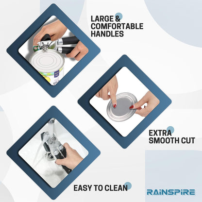 Rainspire Can Opener Manual Handheld Strong Manual Can Opener Smooth Edge Cut, Can Opener Heavy Duty, Comfortable Soft Handle, Built-in Bottle Opener, Turquoise