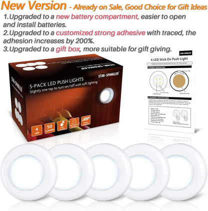 STAR-SPANGLED 2.8” LED Puck Lights Under Cabinet AAA Battery, 5 Pack White | Mini Touch Lamp Battery Operated Powered, DIY Strong Adhesive Stick on Push Tap Light for Kitchen, Closet, Pantry, Shelf