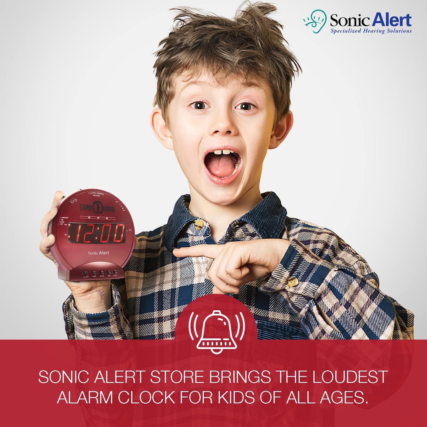 Sonic Alert Sonic Bomb Dual Alarm Clock with Bed Shaker, Black Vibrating Alarm Clock Heavy Sleepers, Battery Backup | Wake with a Shake