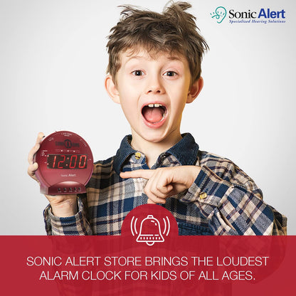 Sonic Alert Sonic Bomb Dual Alarm Clock with Bed Shaker, Black Vibrating Alarm Clock Heavy Sleepers, Battery Backup | Wake with a Shake