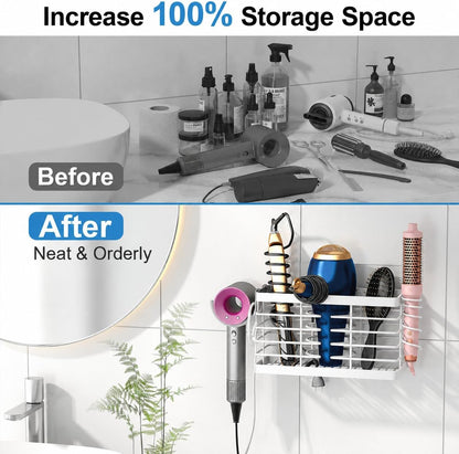 2026 Upgraded 3-in-1 Universal Hair Tool Organizer, XL Size, Black | Adjustable Height Metal Hair Dryer Holder, Wall Mounted, Over Cabinet Door, Countertop, Bathroom Storage