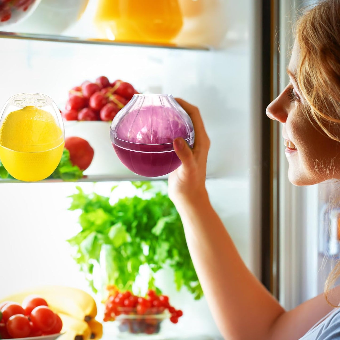 Onion Tomato Keeper for Refrigerator, Reusable, Dishwasher-safe | 2 Pack Food-shape Storage Saver Container for Leftover Vegetables, Clear Lid Easy Clean