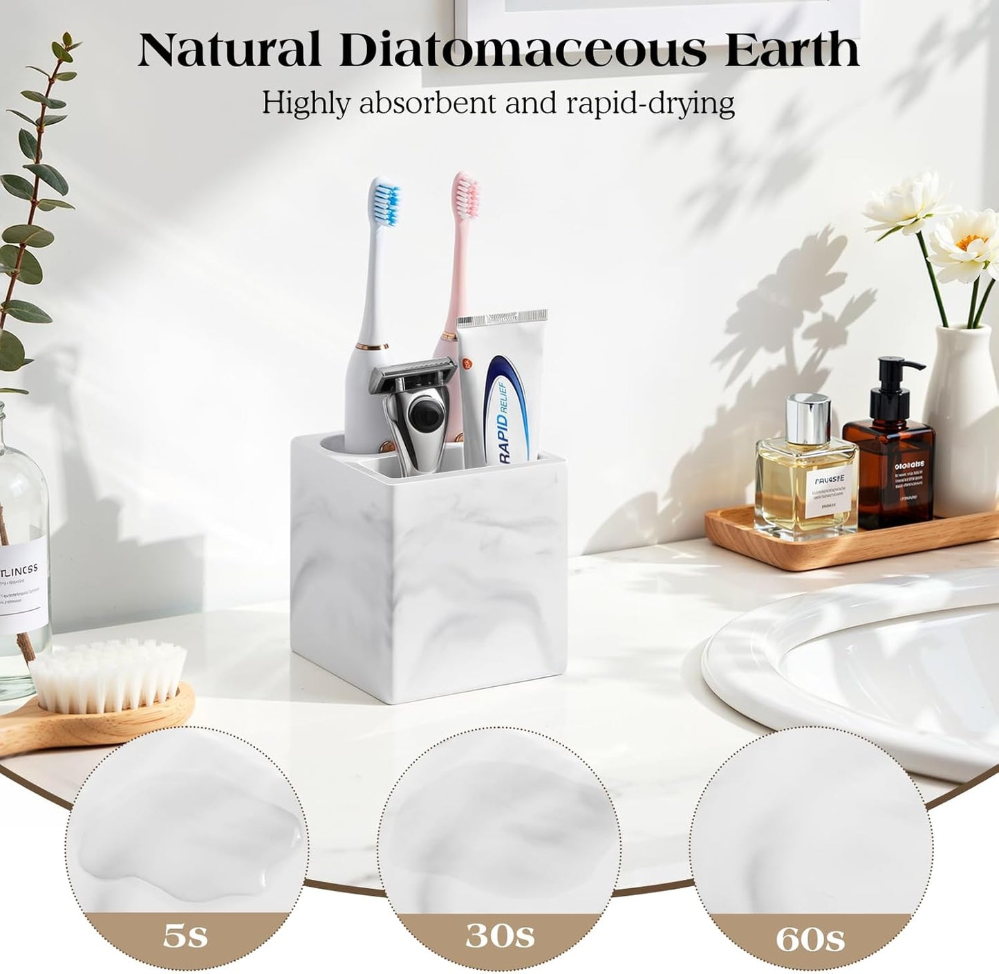 Luxspire Diatomite Toothbrush Holder, 2 Slots, Marble White | Fast Drying, Diatomaceous Earth, Electric Tooth Brush and Toothpaste Organizer, For Bathroom Kitchen Vanity Countertop