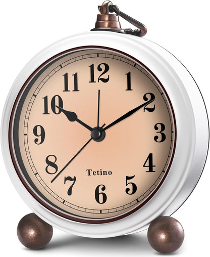Tetino Analog Alarm Clock,Battery Powered Desk Clocks with Night Light,Silent Non Ticking,Retro Simply Design Alarm Clocks for Living Room, Bedroom, Bedside,Dormitory,Decor,Gift (White)