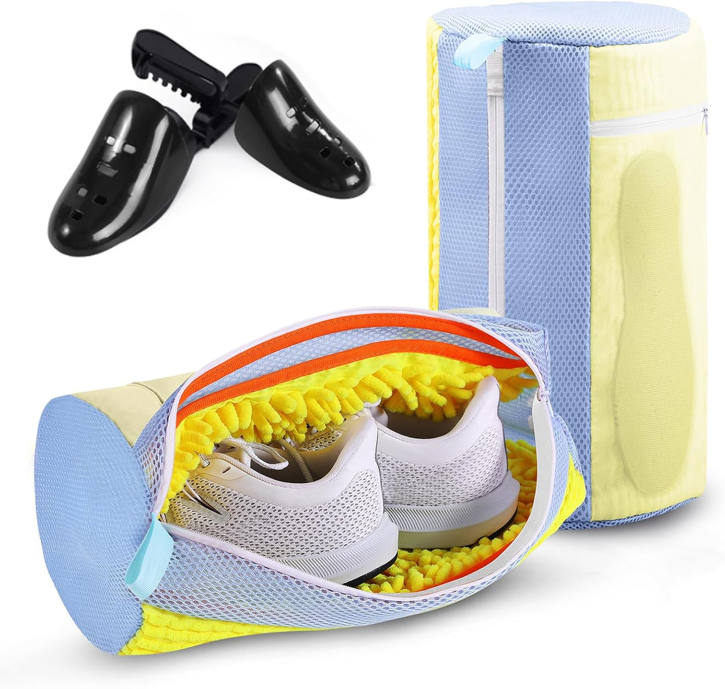 2PCS XXL Shoe Washing Machine Bag with Adjustable Shoes Trees - Heavy Duty Reusable Shoe Laundry Bag for Washer and Dryer - 360° Deep Clean & Protect Chenille Microfiber Sneakers Wash Bags - White