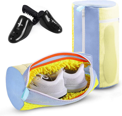 2PCS XXL Shoe Washing Machine Bag with Adjustable Shoes Trees - Heavy Duty Reusable Shoe Laundry Bag for Washer and Dryer - 360° Deep Clean & Protect Chenille Microfiber Sneakers Wash Bags - White