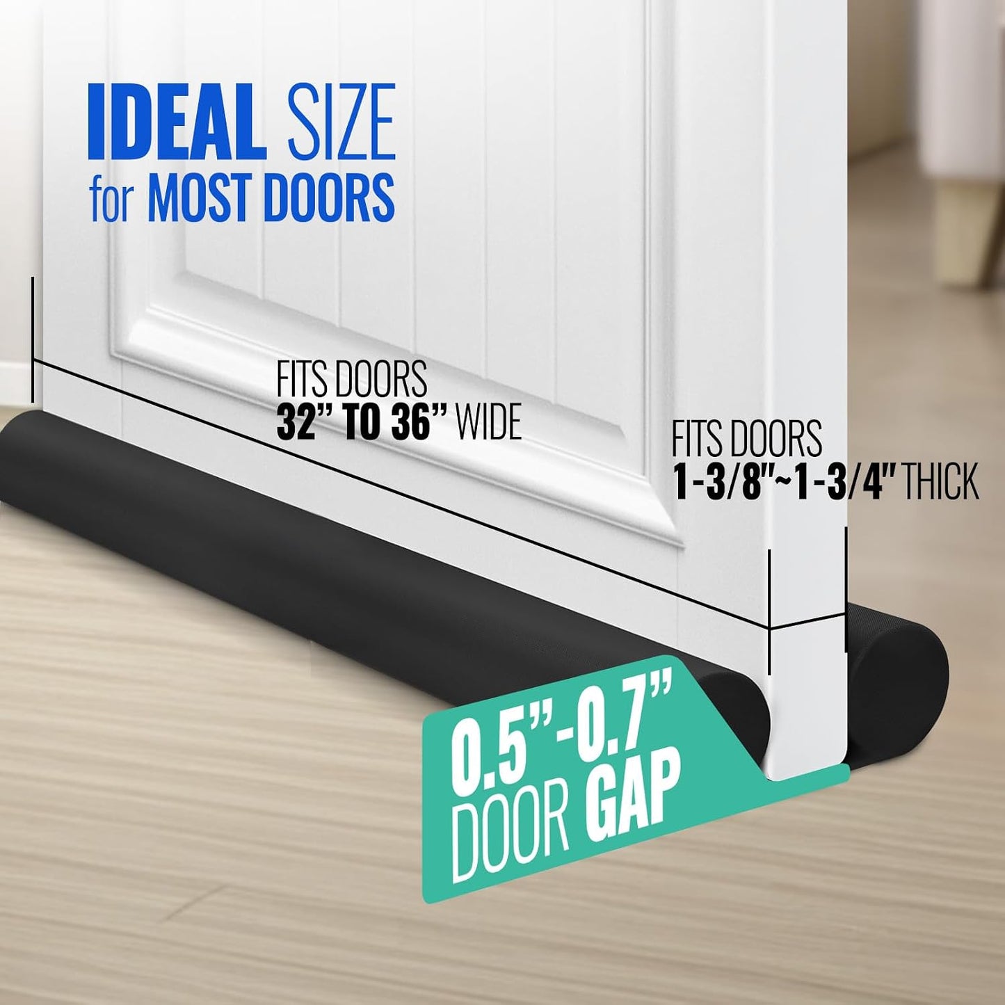 Under Door Draft Stopper - Door Sweep Gap Filler Seal 36 Inch Black | Adjustable Fit Most Doors, Machine Washable Fabric, Quick Setup, Noise Blocker, Draft Seal, Dust Insect Block, Energy Saving