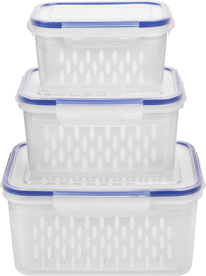 Fruit and Vegetable Storage Containers for Fridge, 6 Pcs/3 Sets Keep Fresh Produce Saver Containers Keeper, Food Storage Containers with Removable Colander (grey)