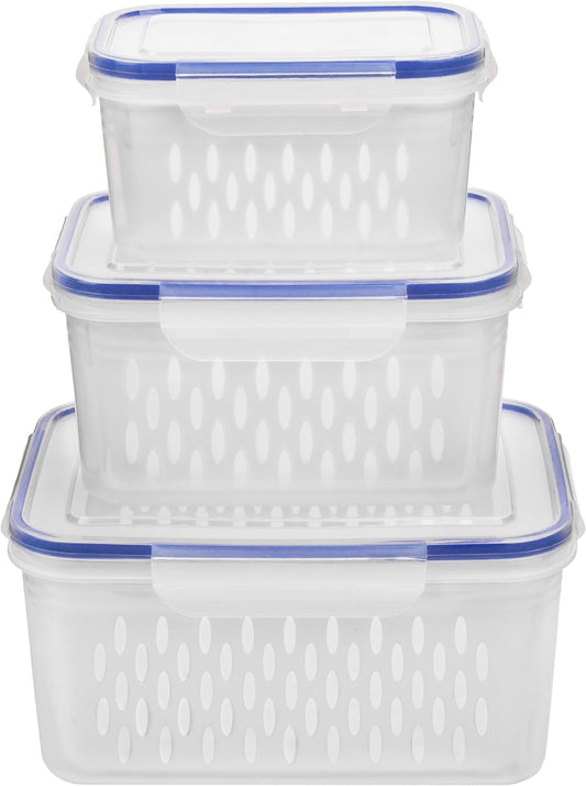 Fruit and Vegetable Storage Containers for Fridge, 6 Pcs/3 Sets Keep Fresh Produce Saver Containers Keeper, Food Storage Containers with Removable Colander (grey)