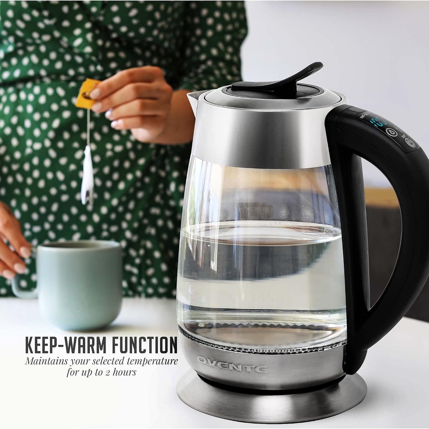 OVENTE 1.8L Glass Electric Kettle with Tea Infuser, Silver KGD752S | 1500W Fast Boiling, Easy Fill Lid, 7 Temperature Control, Keep Warm, Digital Display, Auto Shut-Off, Boil-Dry Protection