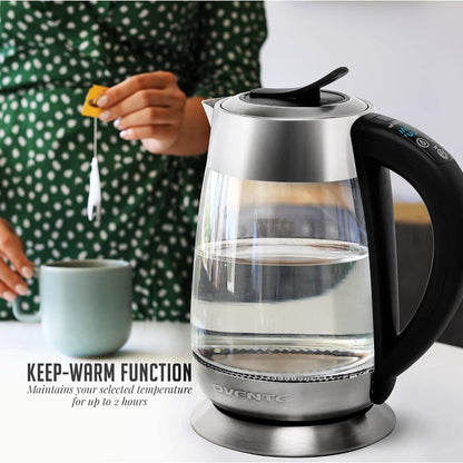OVENTE 1.8L Glass Electric Kettle with Tea Infuser, Silver KGD752S | 1500W Fast Boiling, Easy Fill Lid, 7 Temperature Control, Keep Warm, Digital Display, Auto Shut-Off, Boil-Dry Protection