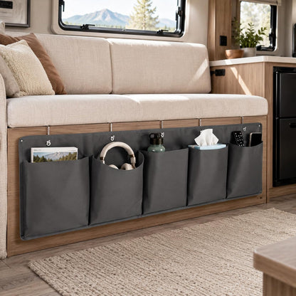 Rv Bedside Storage Organizer, 5 Pocket Camper Van Bed Caddy Bag, Grey