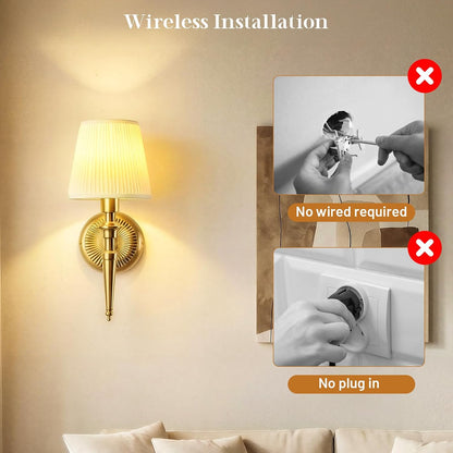 Battery Operated Wall Sconces Set of 2, Wireless Rechargeable Wall Lights with 12 RGB Colors and 3CCT Dimmable, Small Fabric LED Wall Lamps for Bedroom, Living Room, Hallway, Gold
