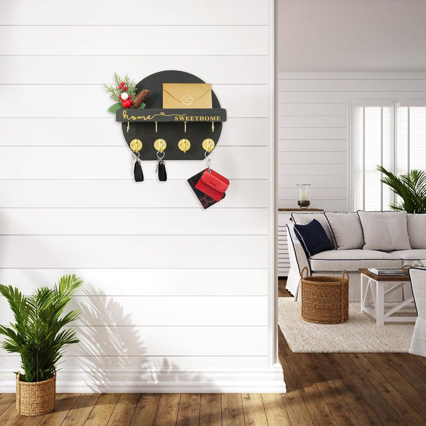 Key Holder for Wall, Key and Mail Holder Organizer - Key Holder Wall Mount with Bouquet Shelf and Key Hooks, Round Wooden Rustic Key Rack for Entryway and Home Decor (Black)
