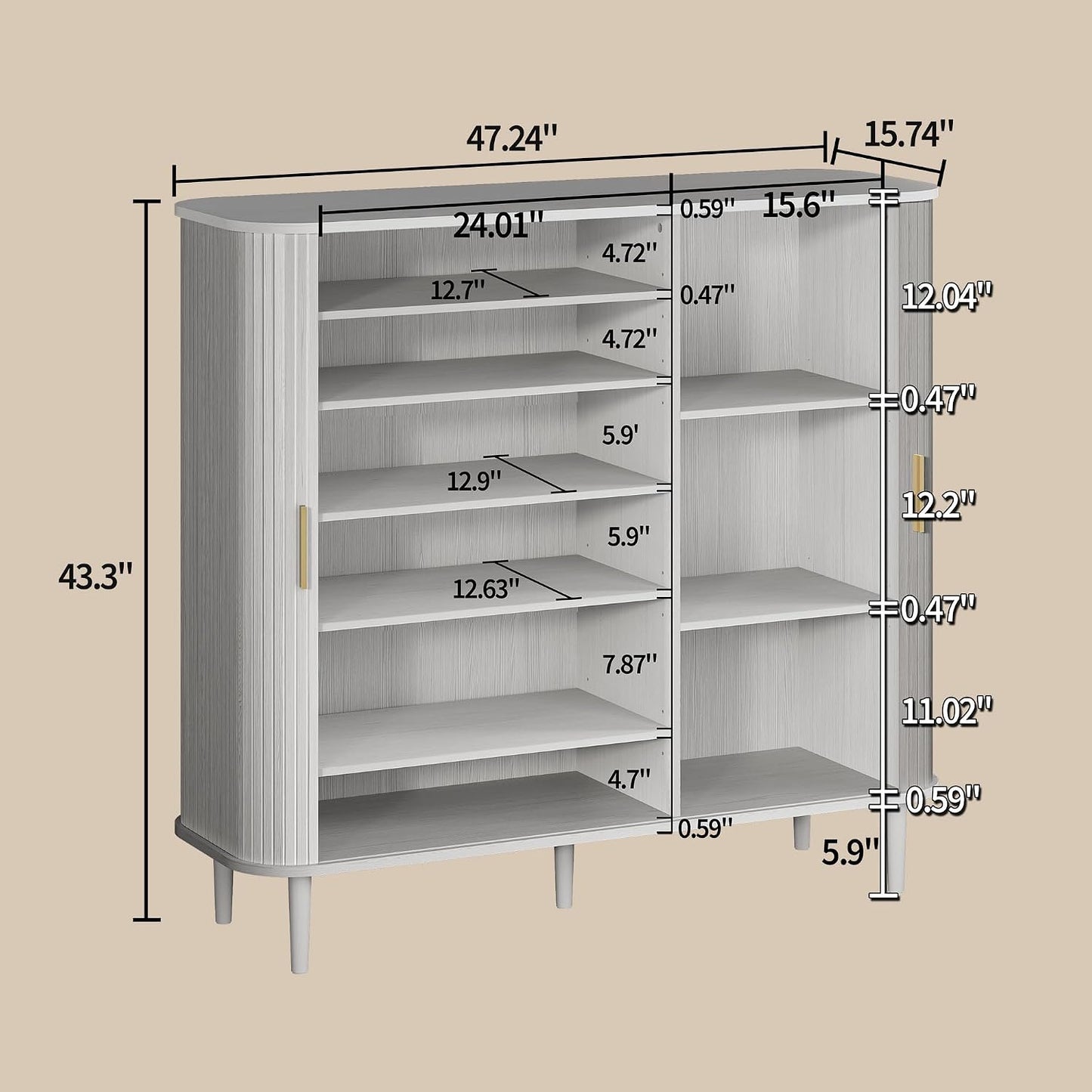 DHH Shoe Storage Cabinet with Sliding Door, 6-Tier Shoe Cabinet with Adjustable Shelves, Modern Freestanding Shoe Storage Organizer for Entryway, Hallway, Living Room (Walnut, 47 ")