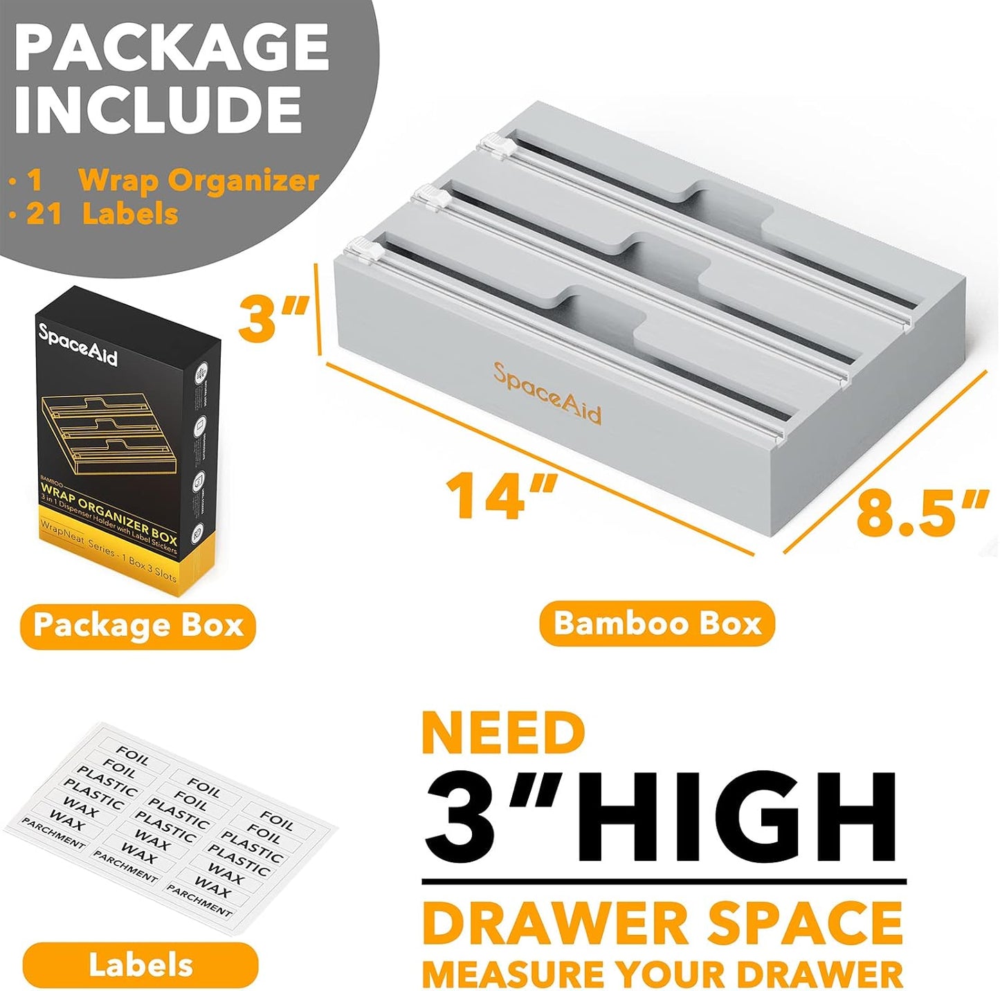 SpaceAid WrapNeat 2 in 1 Wrap Organizer with Cutter and Labels, Plastic Wrap, Aluminum Foil and Wax Bamboo Dispenser for Kitchen Storage Organization Holder for 12" Roll (Natural, 2-Slot)