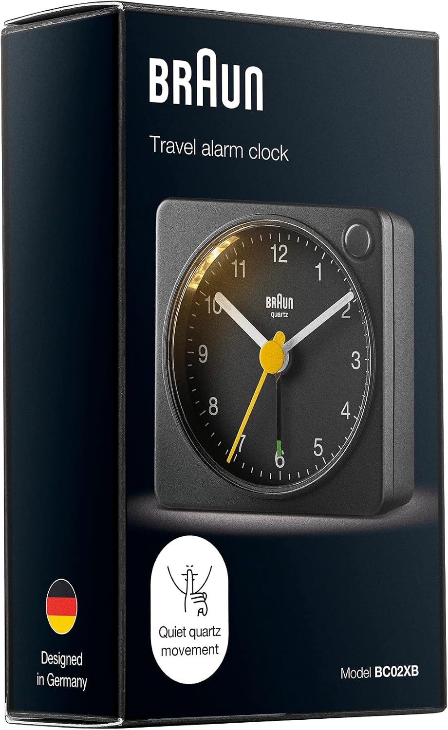Braun Classic Travel Analogue Alarm Clock with Snooze and Light, Compact Size, Quiet Quartz Movement, Crescendo Beep Alarm in Black, Model BC02XB.