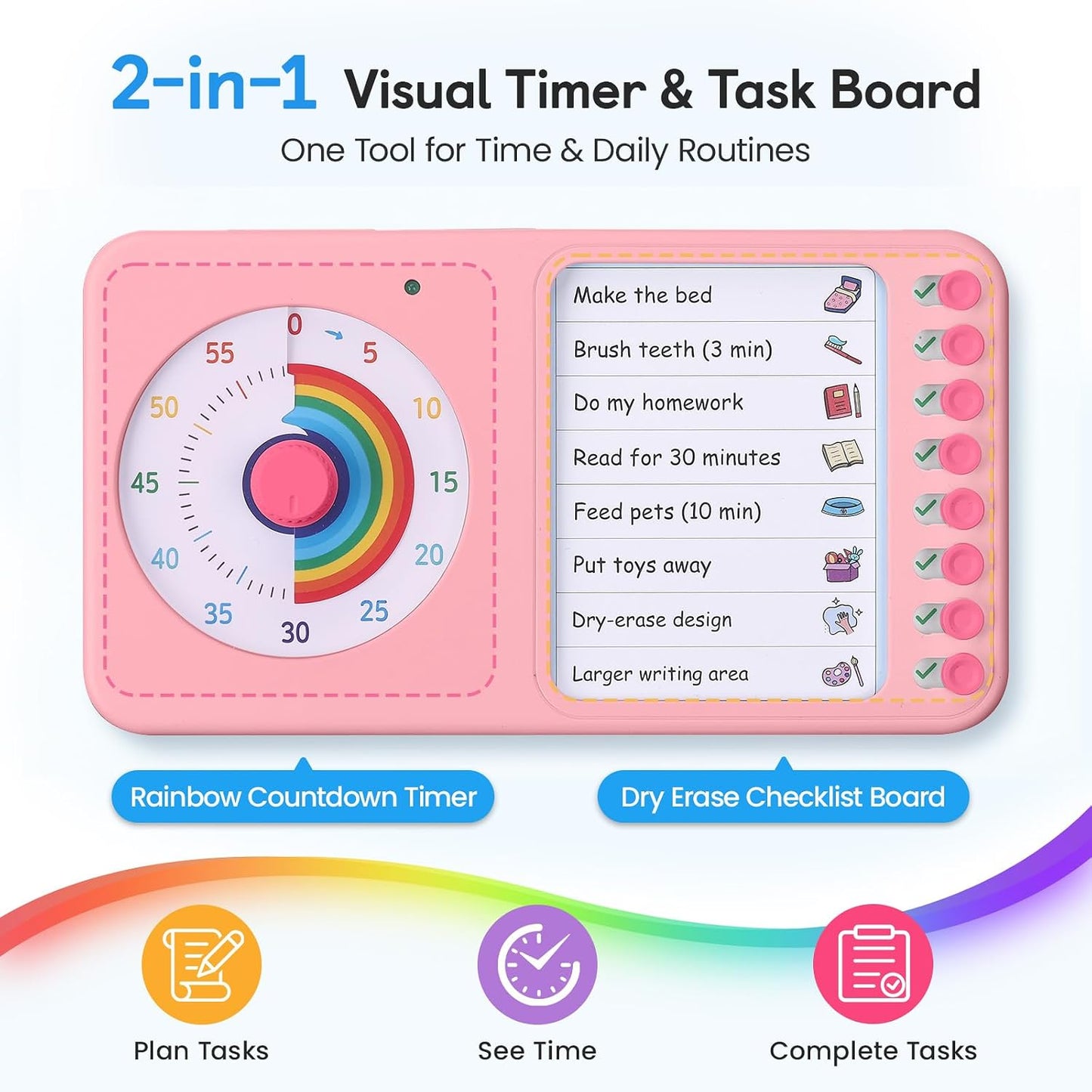 2-in-1 Visual Timer ADHD with Task Board, to-Do List, Checklist | Dry Erase Chore Chart and Visual Schedule for Kids ADHD, Rainbow Countdown Timer for Classroom, Home, Homeschool (White)