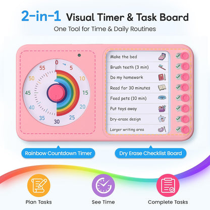 2-in-1 Visual Timer ADHD with Task Board, to-Do List, Checklist | Dry Erase Chore Chart and Visual Schedule for Kids ADHD, Rainbow Countdown Timer for Classroom, Home, Homeschool (White)