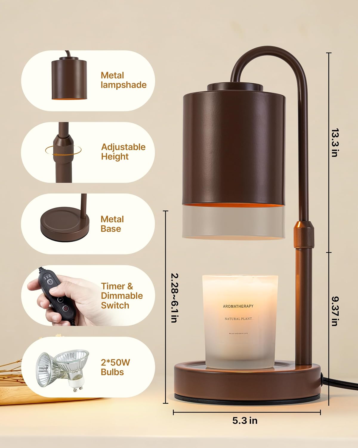 CASTLELIFE Dimmable Candle Warmer Lamp with Timer, Height Adjustable Candle Warmer for Jar Candles, Electric Wax Melt Warmer for Home Decor House Warming Gifts, Birthday Gifts for Women, Black Clear