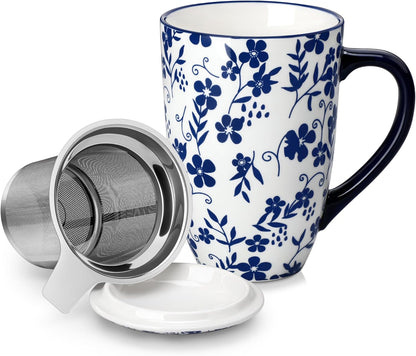 vancasso SELENE Porcelain Tea Mug, 18 oz Porcelain Tea Cup with Infuser and Lid Steeps Loose Leaf Tea, Microwave & Dishwasher Safe, Five-Leaf Clover