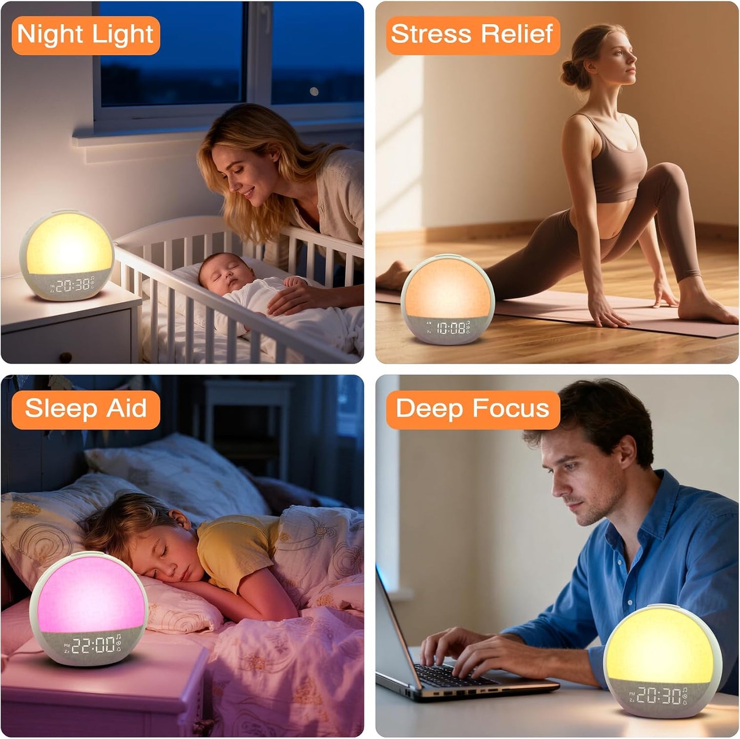 Sunrise Alarm Clock Wake Up Light, White Noise Sound Machine with 30 Sounds | 11 Colors Nightlight, Snooze, Dimmable Natural Sunlight Lamp, Loud Alarm for Kids, Heavy Sleepers Adults Bedrooms, Ideal Gift